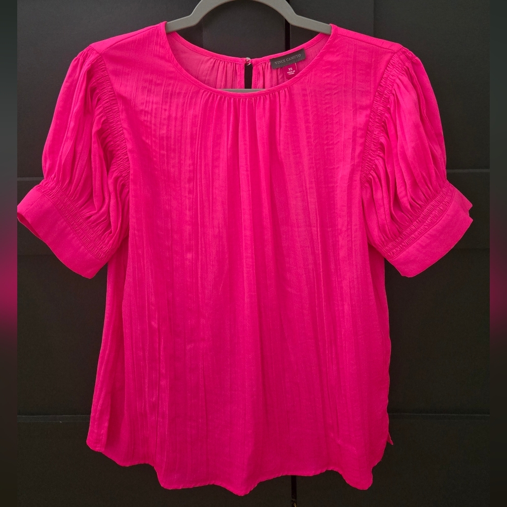 Vince Camuto Vibrant Pink Pleated Puff Sleeve Blouse